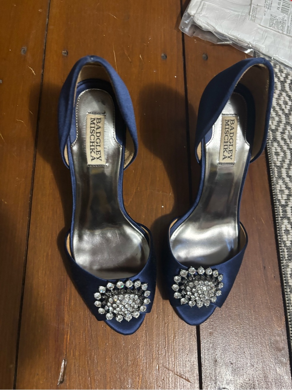 Badgley Mischka Navy Satin D'Orsay Heels with Crystal Brooch